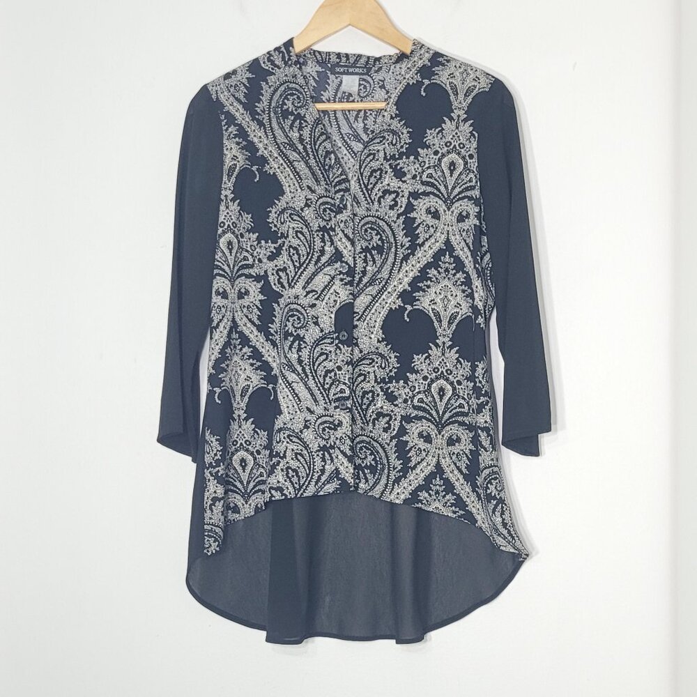 Soft Works Black White Paisley Print 3/4 Sleeve V-Neck High-Low Blouse Size 6